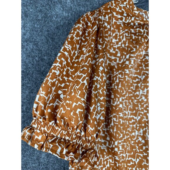 Ava & Viv Plus Size 2X Top Brown White Cotton Abstract Print Puff Sleeve Blouse - Picture 5 of 9
